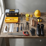 KIT 6AF Ruwbouw: metserstruweel, plakspaan, metserskoord, hamers, beitels, trektang, handzaag, helm, gehoorbescherming en hoge veiligheidsschoenen bij een gereedschapskoffer met bak
