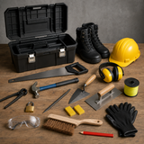 KIT 4DA Bouwtechnieken: metserstruweel, plakspaan, voeger, klauwhamer, handzaag, helm, gehoorbescherming en veiligheidsschoenen bij een gereedschapskoffer met bak