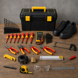 KIT 5DA Elektromechanische technieken: multimeter, VDE-gereedschap tot 1000V, schuifmaat, HSS-boorset, centerboor, gehoorbescherming en veiligheidsschoenen