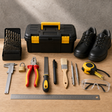 KIT 5DA Mechanische vormgevingtechnieken: schuifmaat, HSS-boorset, vijl, kraspen, centerpunt, meetlat en veiligheidsuitrusting bij een gereedschapskoffer