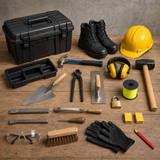 KIT 5DuaalAF Bouwtechnieken: metserstruweel, plakspaan, moker, klauwhamer, beitels, metserskoord, helm, gehoorbescherming en veiligheidsschoenen