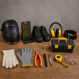 KIT 6AF Lassen-Constructie: LCD-lashelm, lashandschoen, hittebestendige handschoen, HSS-boorset, kraspen, gehoorbescherming en veiligheidsschoenen